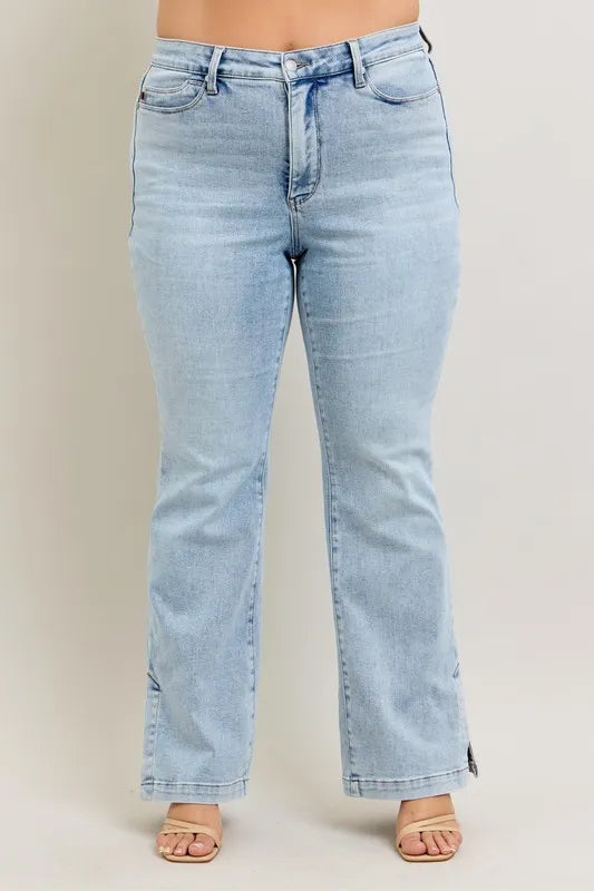 Judy Blue Full Size Tummy Control Vintage Wash Side Slit Slim Boot Jeans Plus Size - cas7m