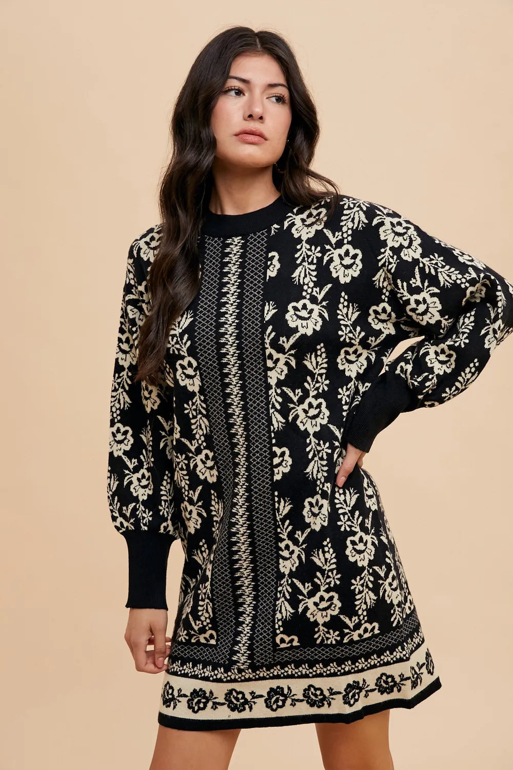 Annie Wear Floral Jacquard Round Neck Sweater Dress - cas7m