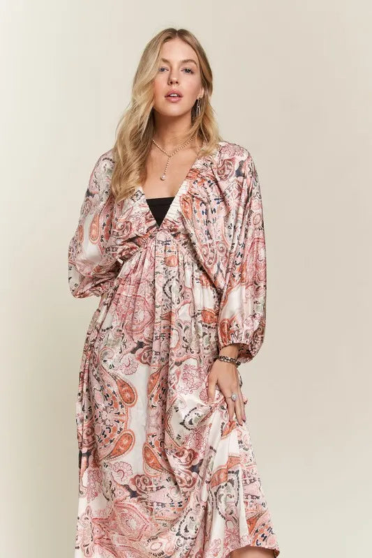 ADORA Printed V-Neck Batwing Sleeve Dress - cas7m