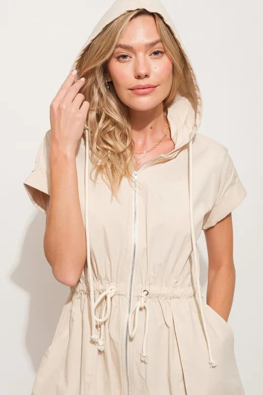 And The Why Short Sleeve String Details Hooded Mini Dress - cas7m