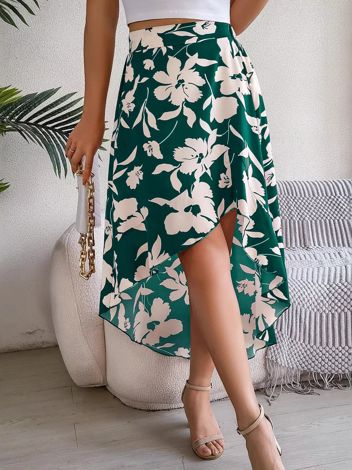 Floral Print Ruffle Hem Asymmetrical Skirt - cas7m