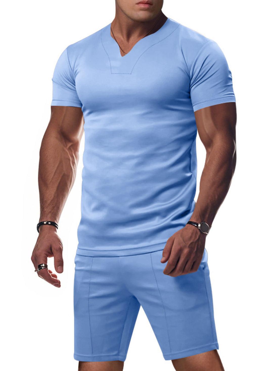 Men's Full Size V-Neck Short Sleeve T-Shirt and Shorts Set Plus Size - cas7m