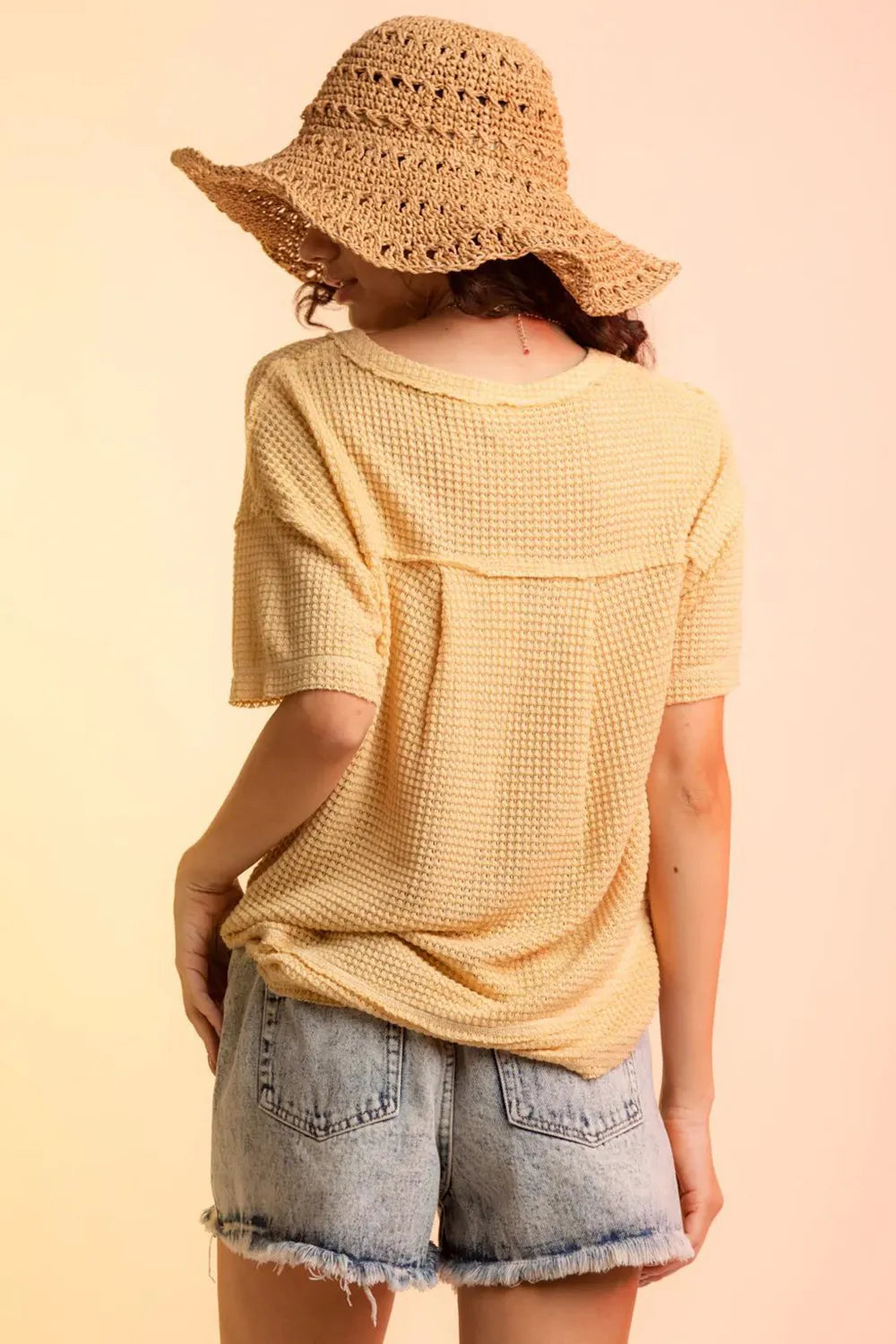 Waffle-Knit Notched Half Sleeve T-Shirt - cas7m