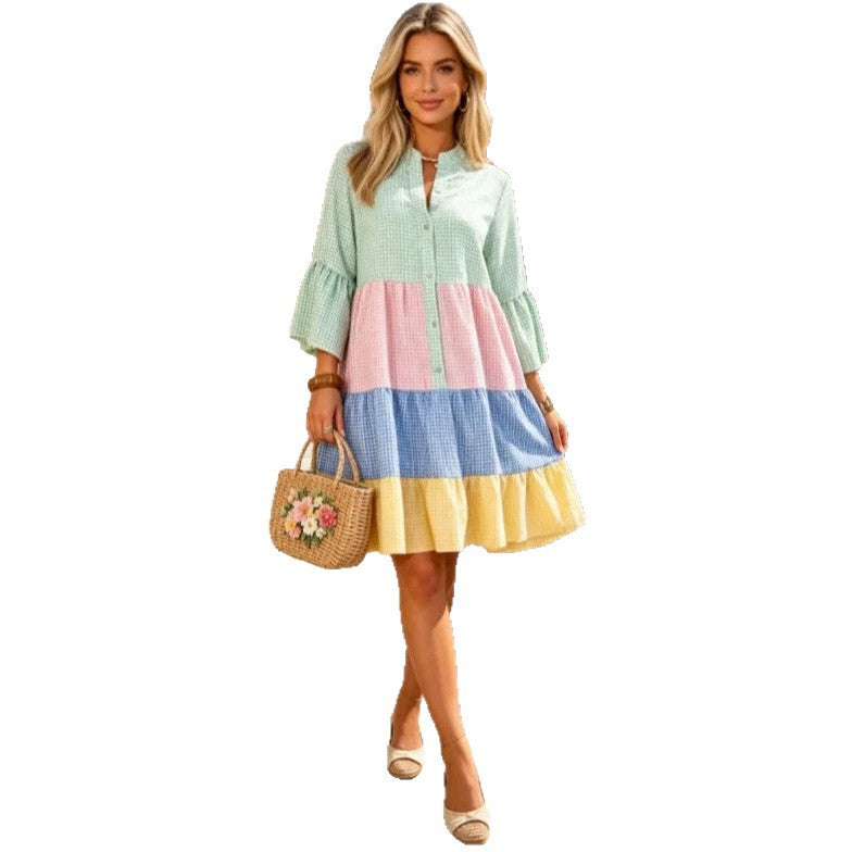 Color-block Plaid Patchwork Shirt Dress Loose-fitting With Flared Sleeves And A Tiered Cake Skirt - cas7m