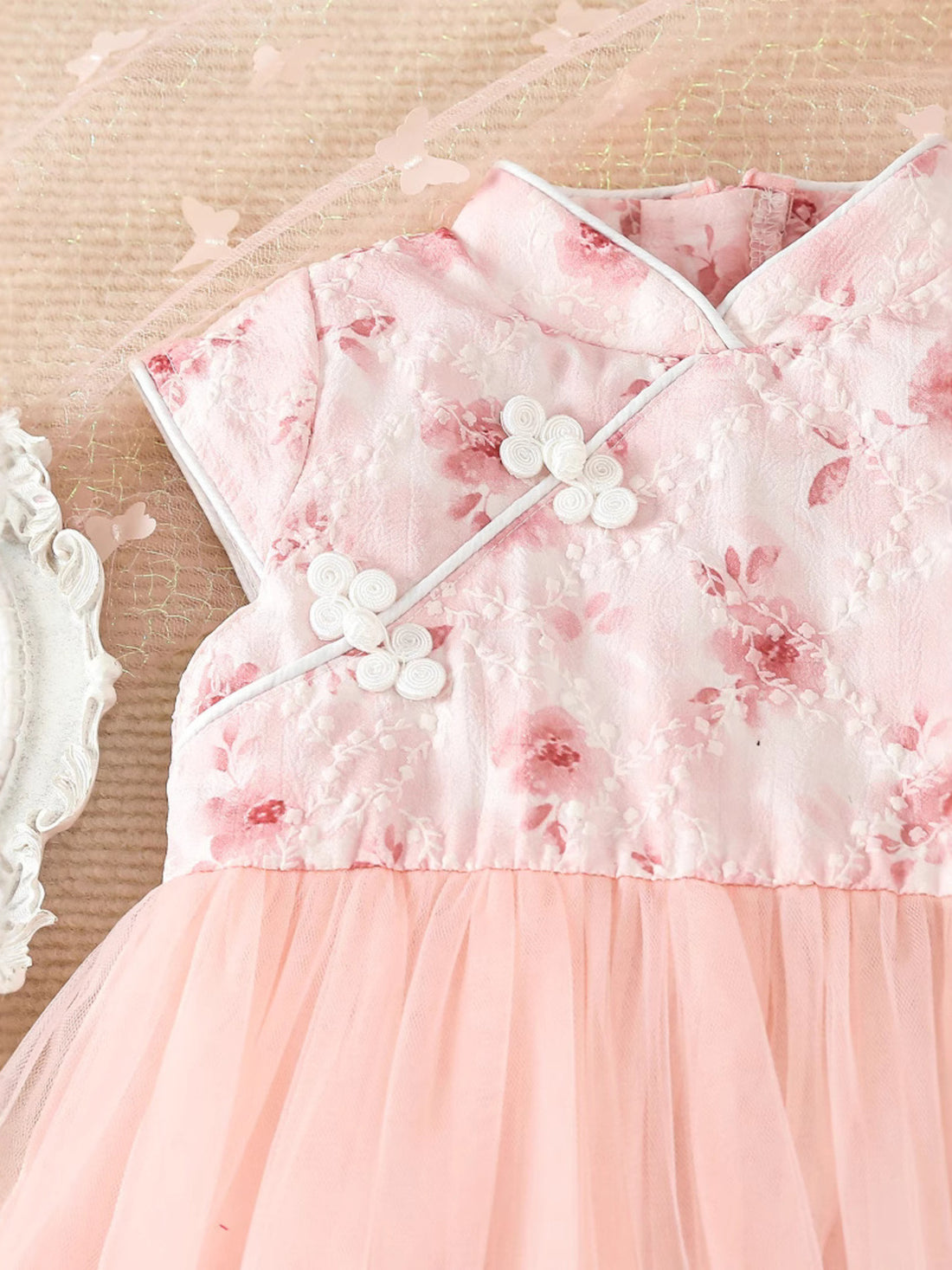 Children's Floral Cap Sleeve Tulle Dress - cas7m