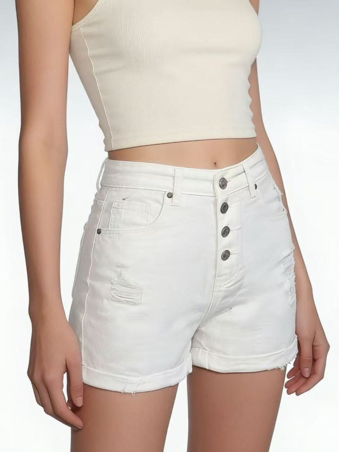 High-Waisted Button-Fly Distressed Denim Shorts - cas7m