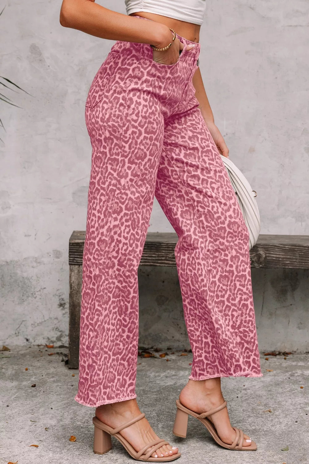 Leopard Frayed Edge Wide Leg High Waist Jeans - cas7m