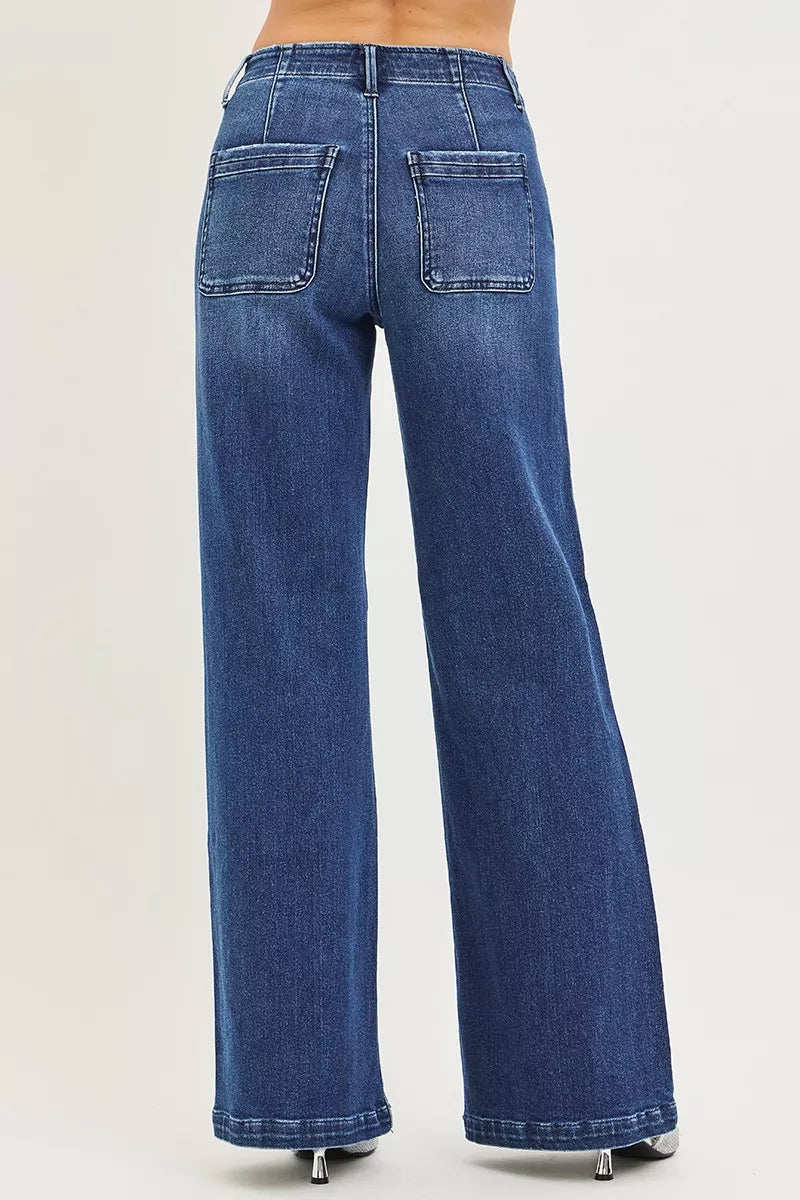 RISEN High Rise Wide Leg Slanted Pocket Jeans - cas7m