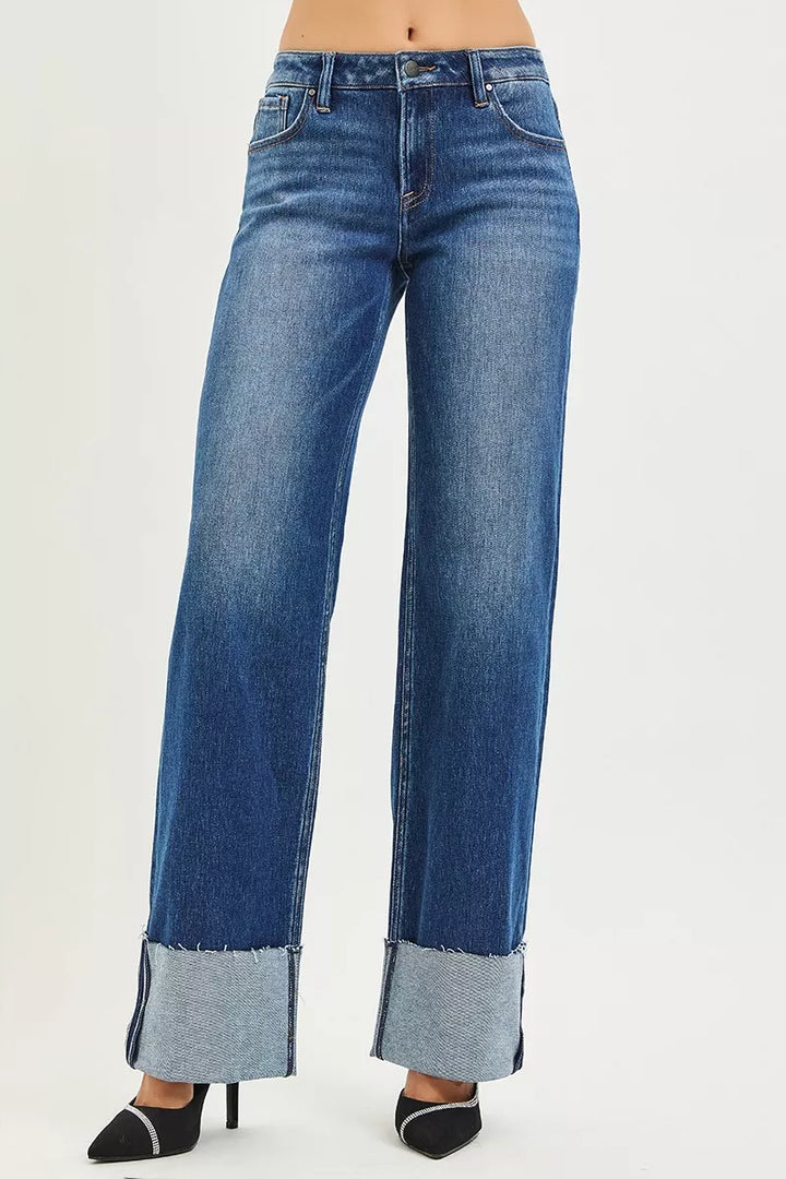 RISEN Mid Rise Wide Straight Jeans With Wide Cuff - cas7m