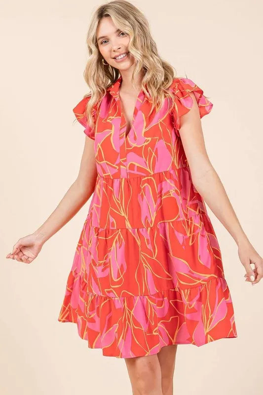 Mittoshop Leaf Print Ruffle Sleeve Tiered Mini Dress - cas7m