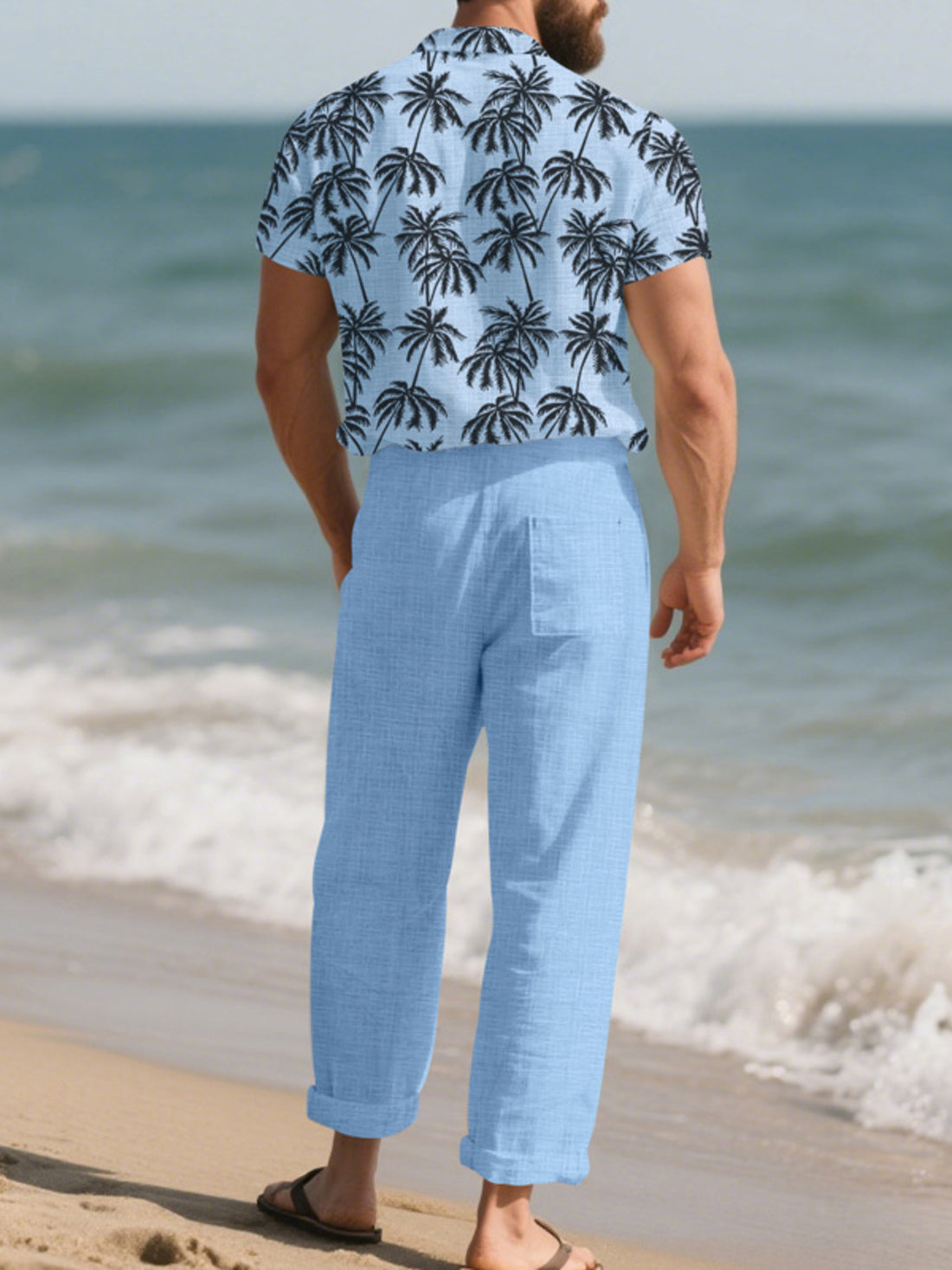 Men's Full Size Tropical Palm Print Button Up Shirt and Pants Set Plus Size - cas7m