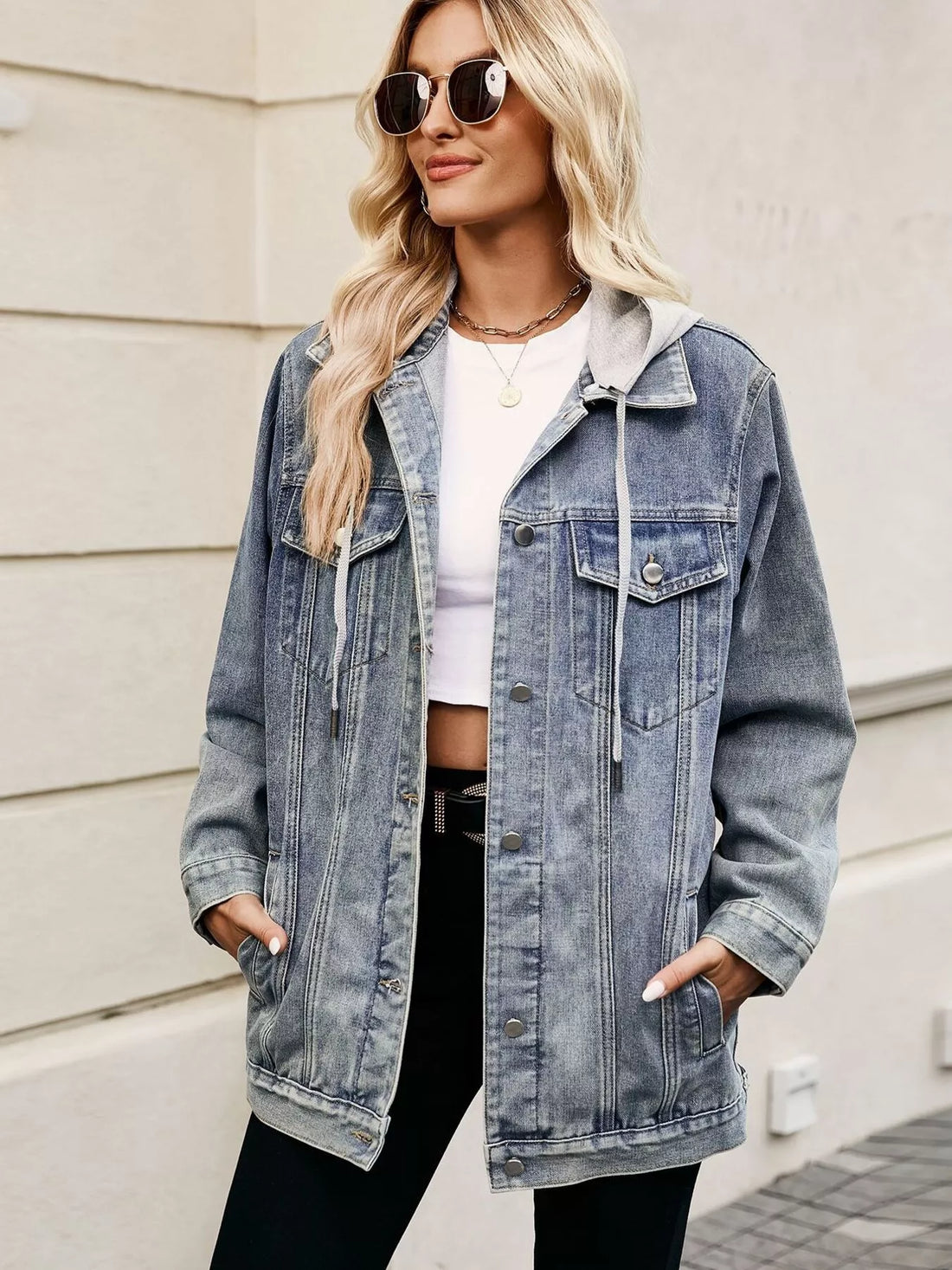 Button Up Long Sleeve Denim Jacket - cas7m