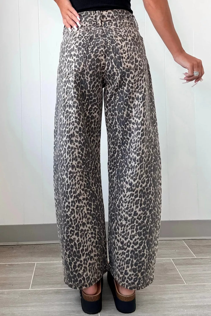 Leopard Print High Waist Barrel Jeans - cas7m