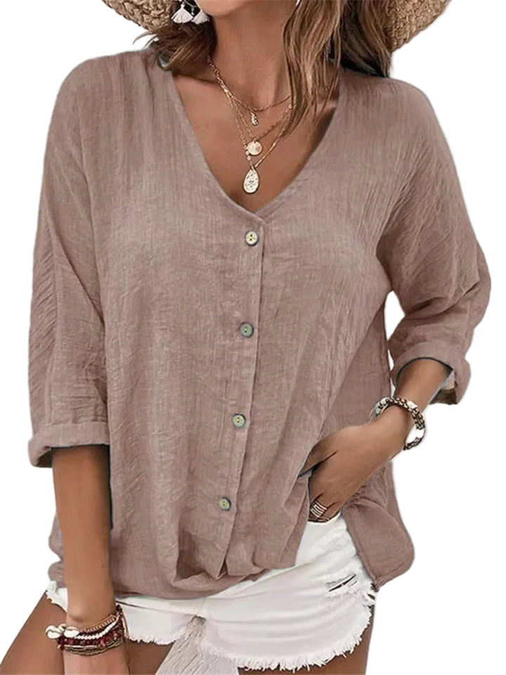 V-neck Long-sleeved T-shirt Fashion Solid Color Button Top Casual Loose Clothing For Women - cas7m
