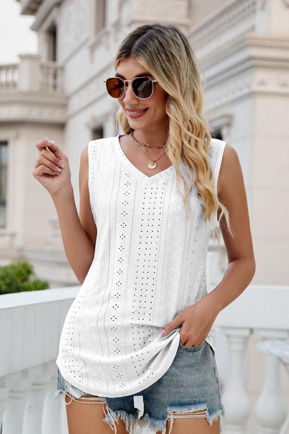 Eyelet V-Neck Tank - cas7m