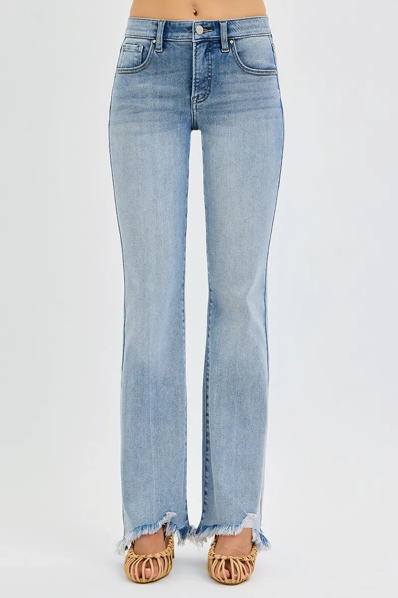 RISEN Full Size Tummy Control Mid Rise Flare Jeans with Fray Hem Detailed Plus Size - cas7m