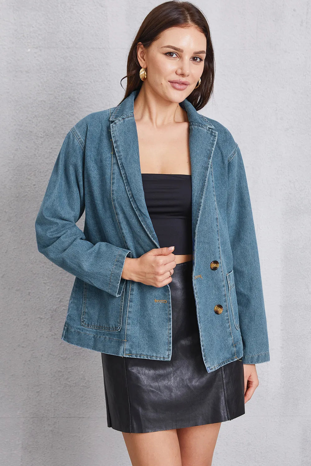 Pocketed Button Up Denim Jacket - cas7m