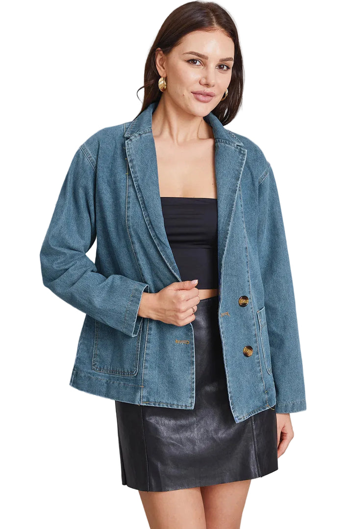 Pocketed Button Up Denim Jacket - cas7m