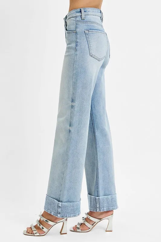RISEN Full Size Tummy Control High Rise Ankle Wide Cuffed Jeans Plus Size - cas7m