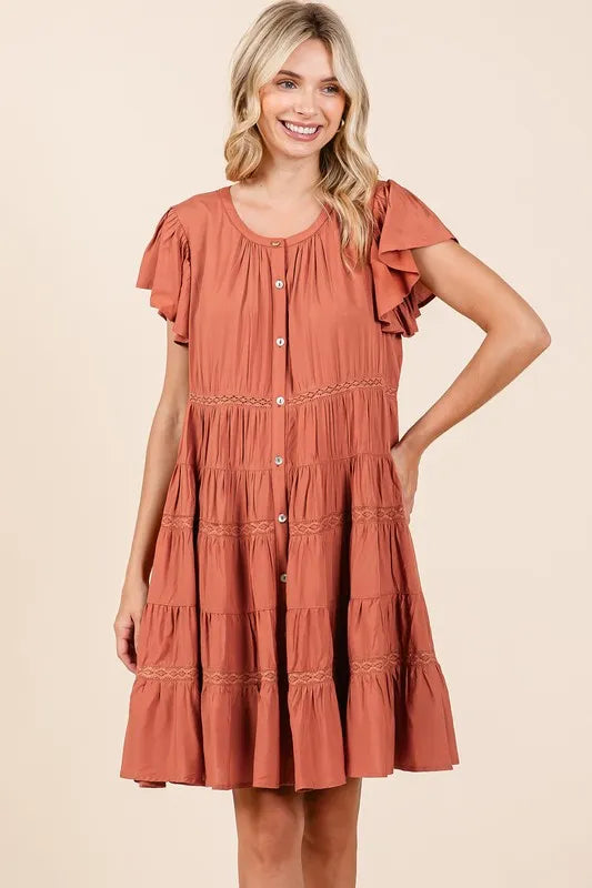 Mittoshop Lace Detail Ruffled Button Down Tiered Dress - cas7m