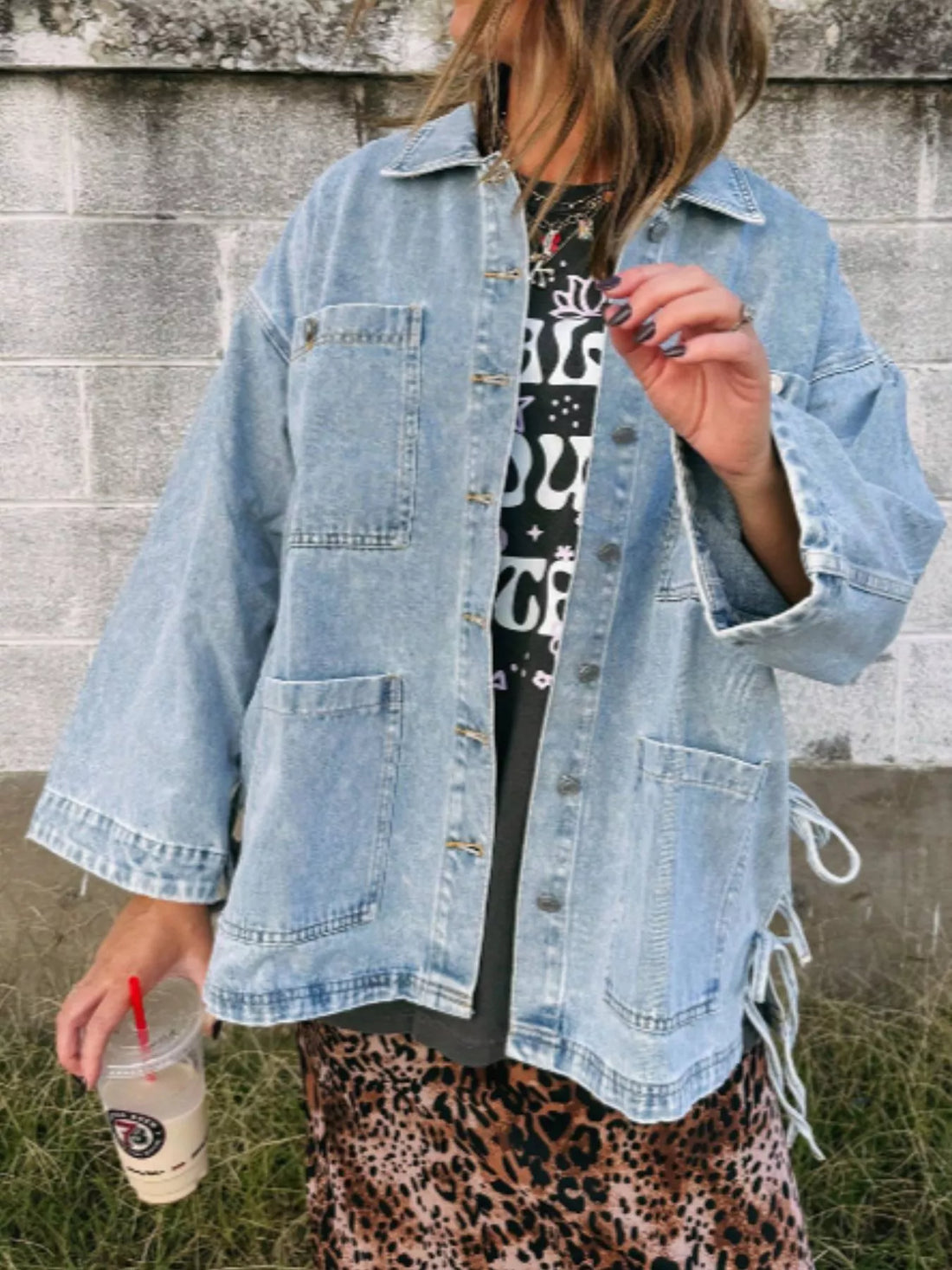 Patched Pockets Side Tie Denim Jacket - cas7m