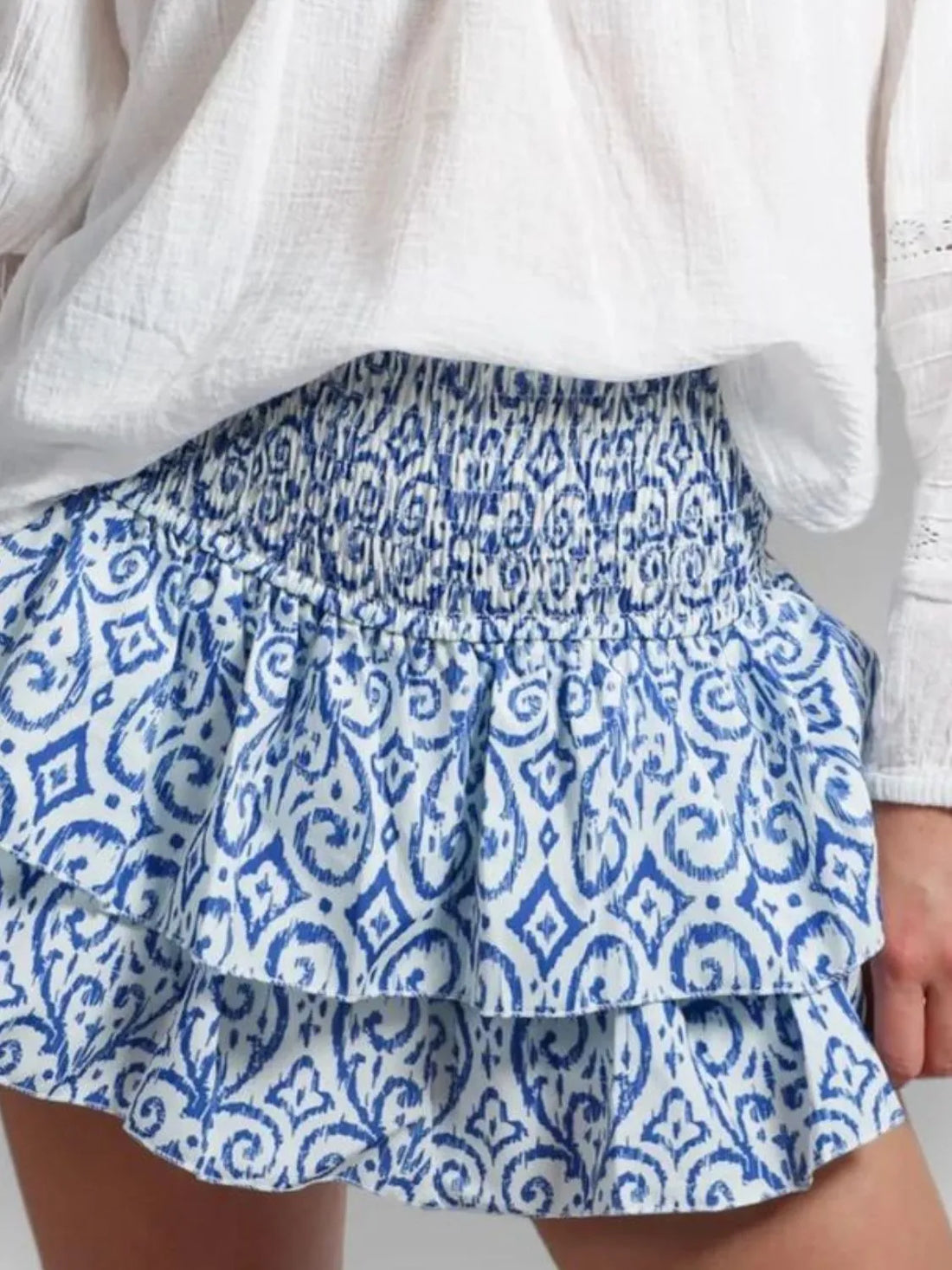 Smocked Wideband Waist Layered Mini Skirt - cas7m