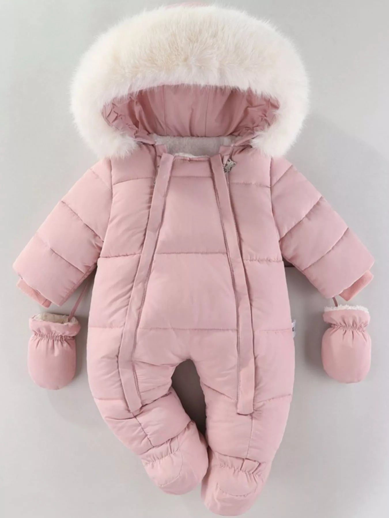 Children's Warm Padded One-Piece Snowsuit with Fur Hood - cas7m