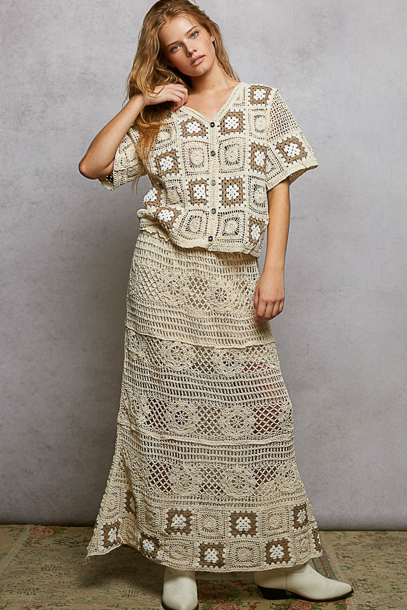 POL Floral Crochet Ruffled Waistband Maxi Skirt with Granny Square Weave - cas7m