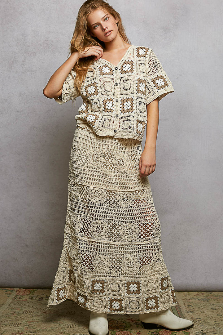 POL Floral Crochet Ruffled Waistband Maxi Skirt with Granny Square Weave - cas7m