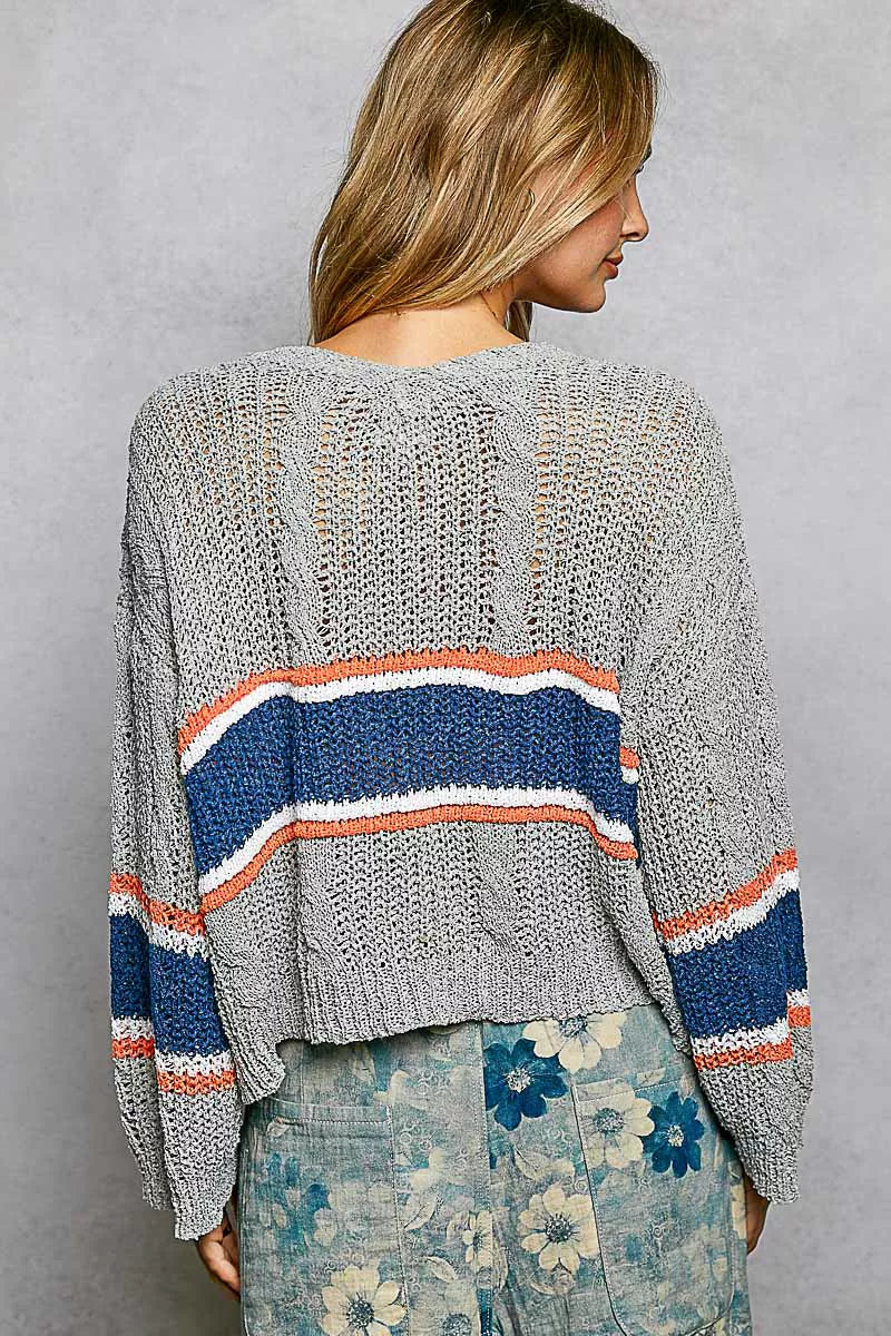 POL V-Neck Striped Pattern Cropped Knit Top with Cable Knit Detail - cas7m