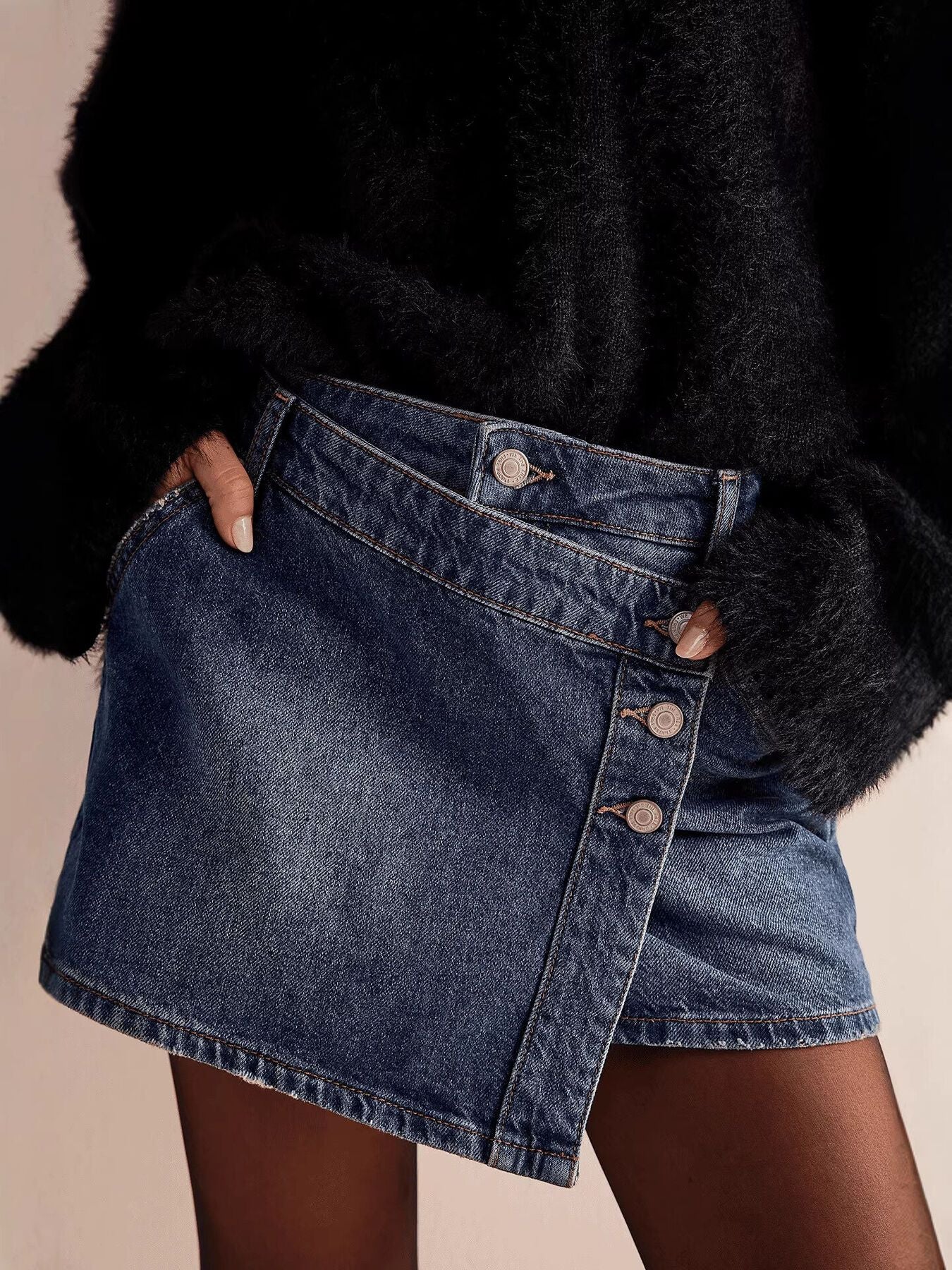 Asymmetrical Button-Front Denim Skort - cas7m