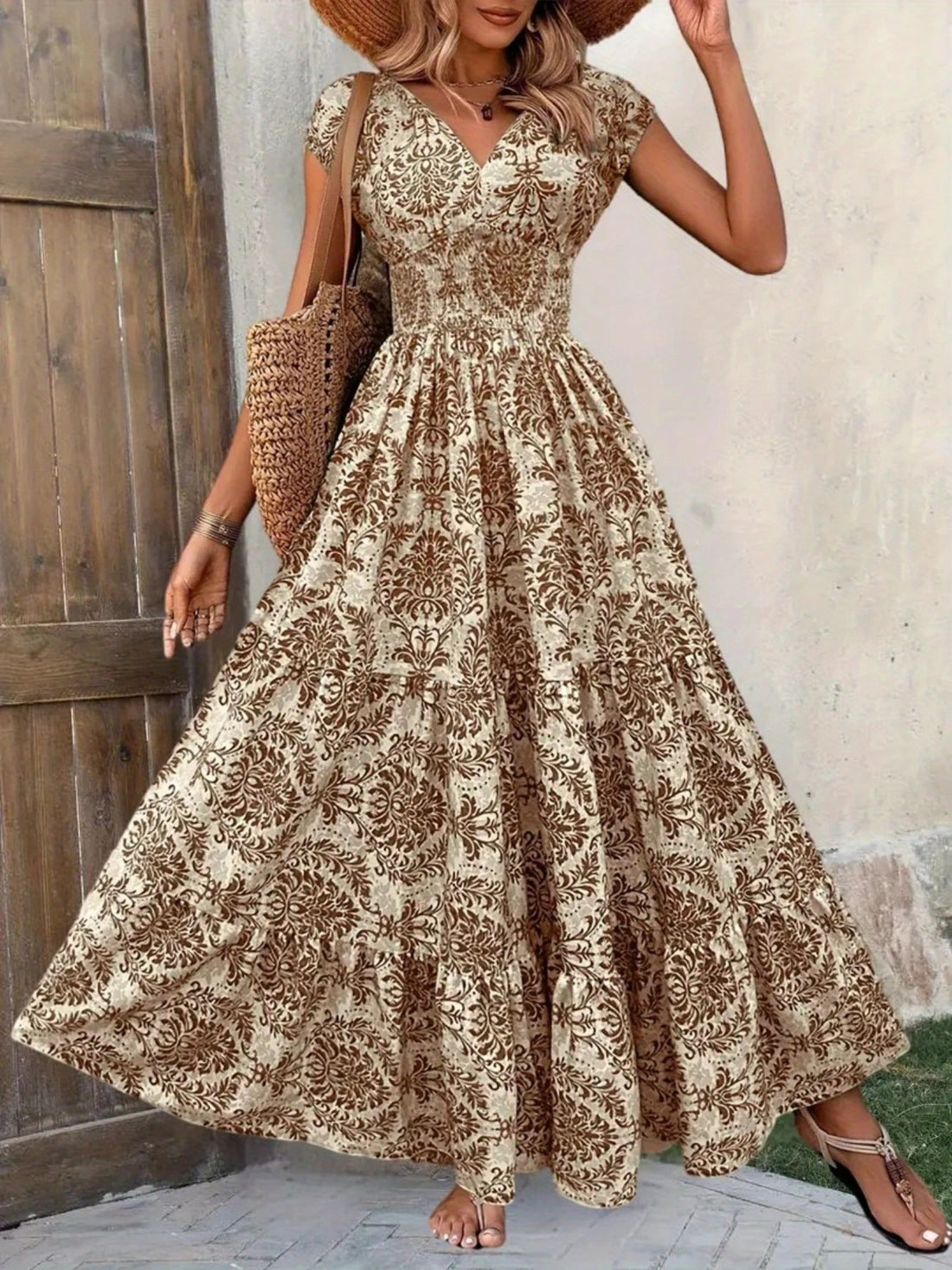 Printed Cap Sleeve Maxi Dress - cas7m