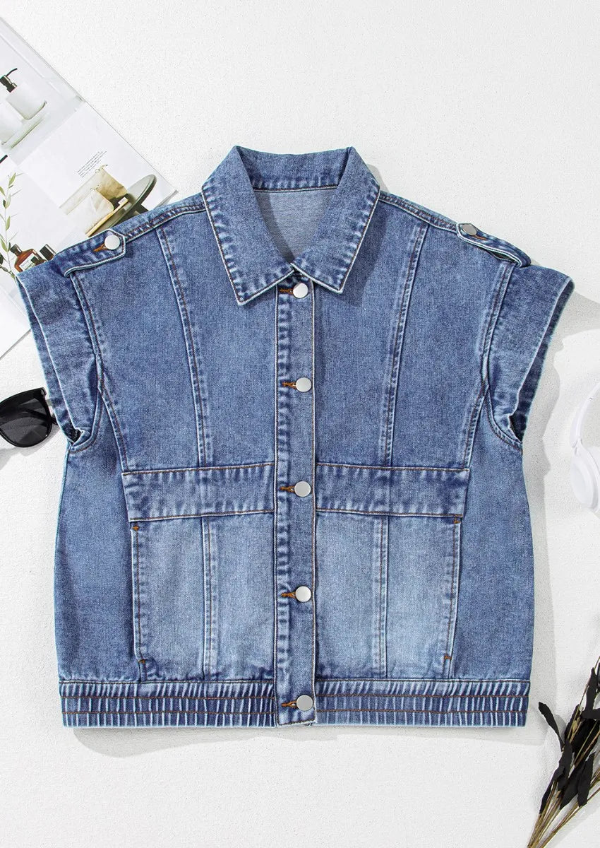 Button Up Cap Sleeve Denim Jacket - cas7m