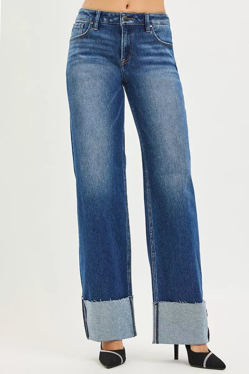 RISEN Mid Rise Wide Straight Jeans With Wide Cuff - cas7m