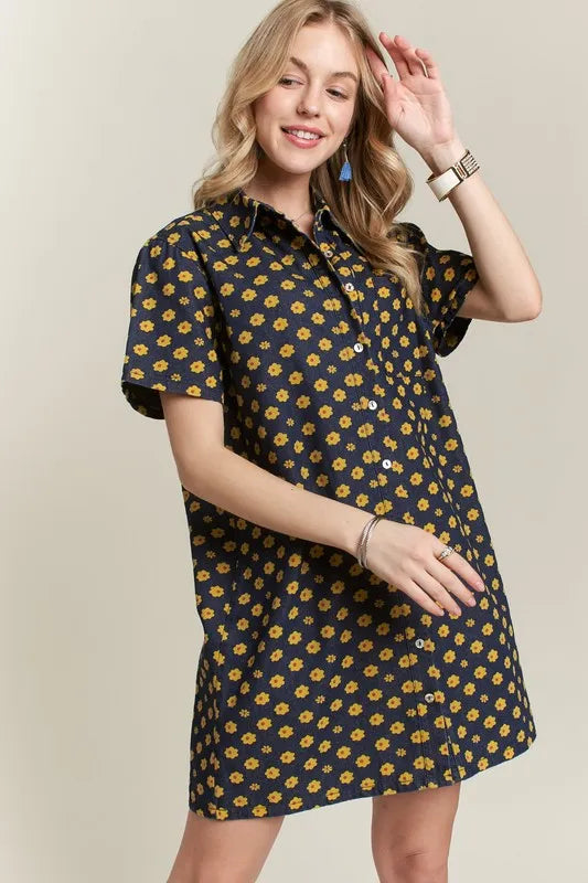 ADORA Floral Button-Up Mini Denim Dress - cas7m