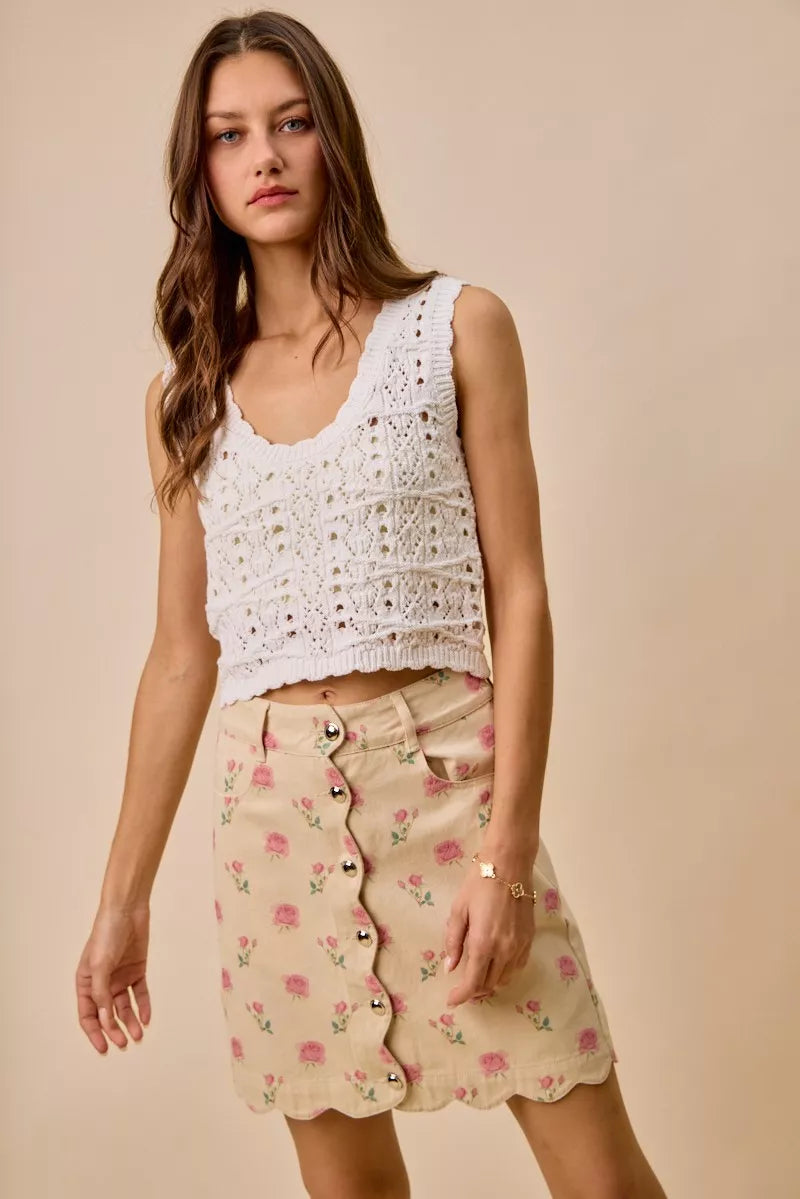 SO ME Floral Rose Print Cotton Twill Scallop Mini Skirt - cas7m