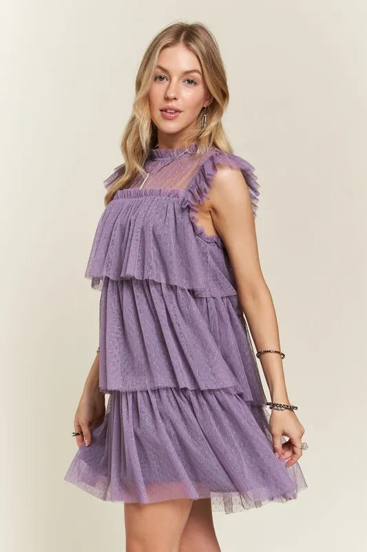 ADORA Layered Ruffled Cap Sleeve Mesh Dress - cas7m