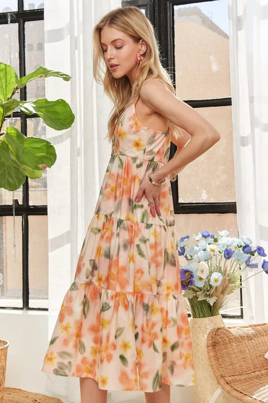ADORA Smocked Back Floral Adjustable Strap Midi Dress - cas7m