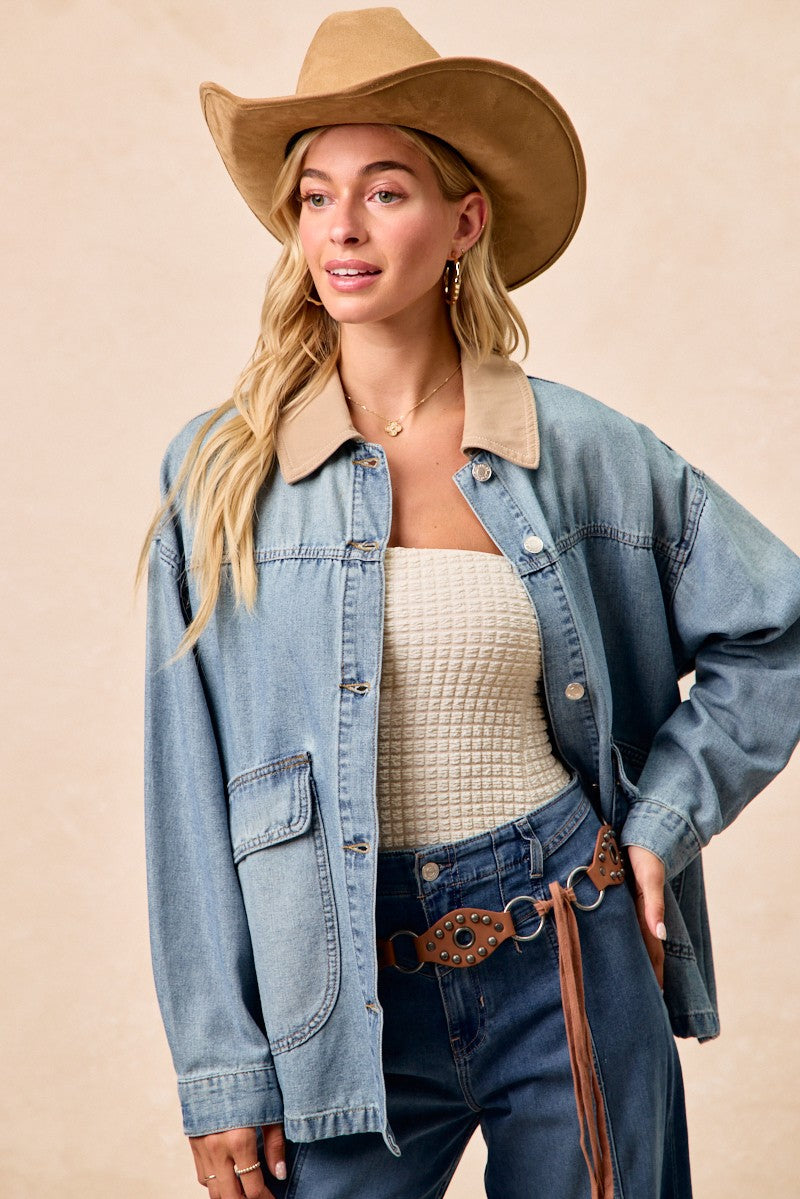 BiBi Washed Denim Jacket with Contrast Collar Detail - cas7m