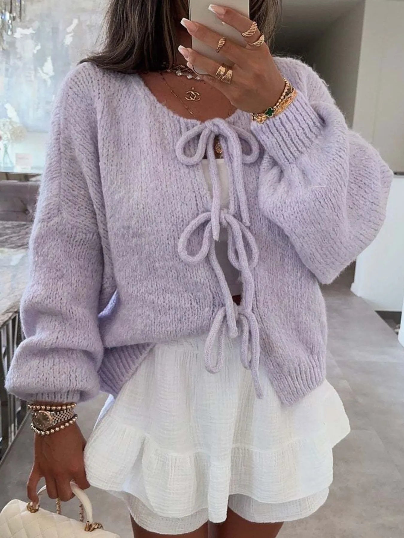 Cozy Bow-Tie Front Knit Cardigan - cas7m
