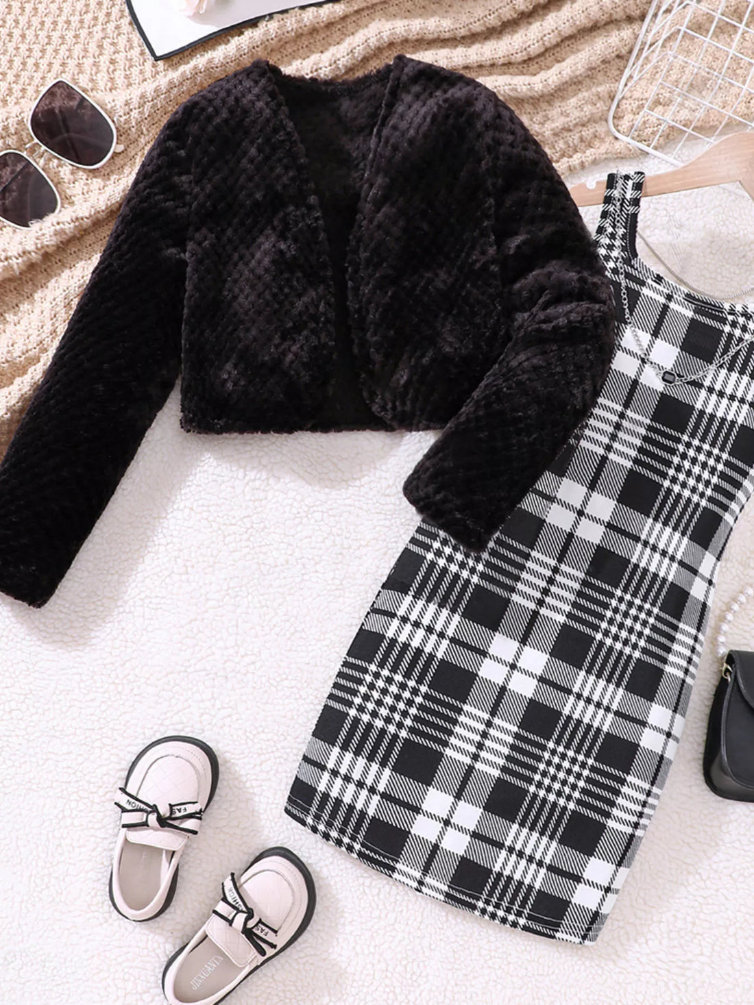 Children's Fuzzy Cardigan & Plaid Dress Set - cas7m