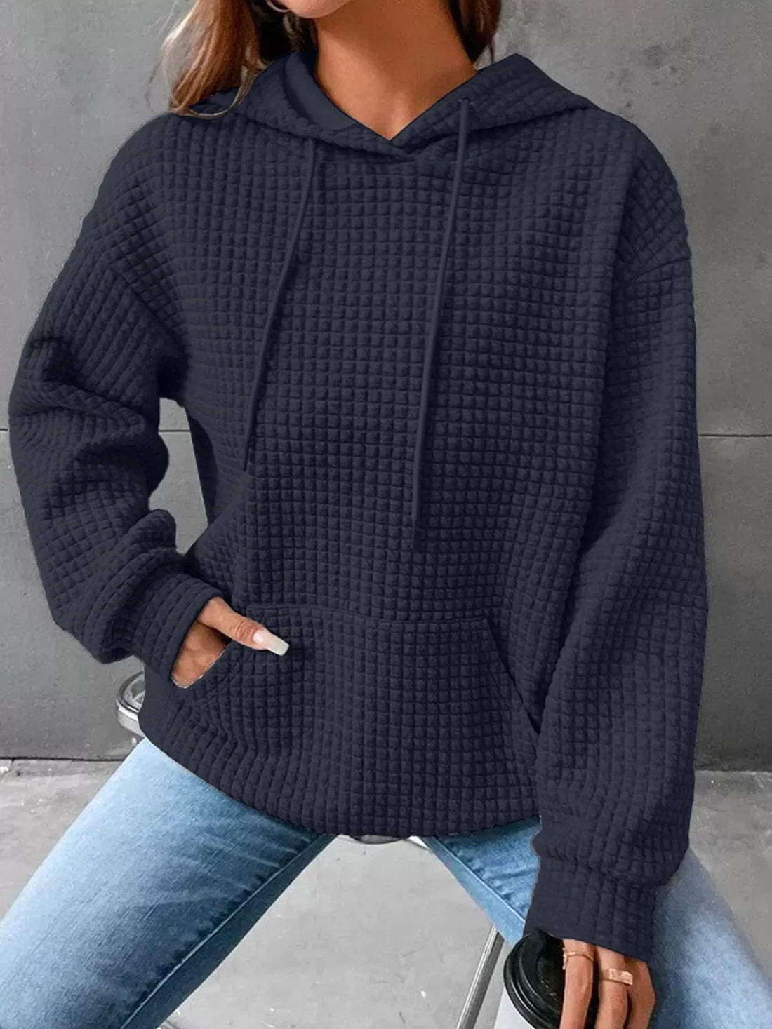 Full Size Textured Kangaroo Pocket Hoodie Plus Size - cas7m