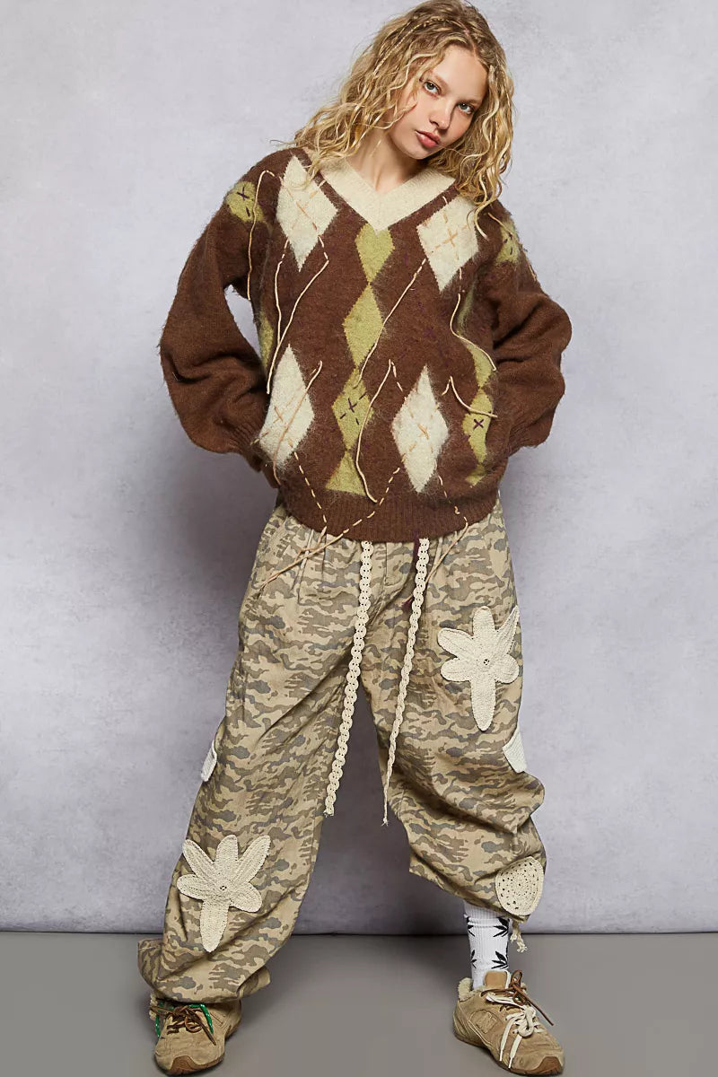 POL V-Neck Argyle Pattern Mohair Sweater with Contrast Exposed Stitch Detail - cas7m