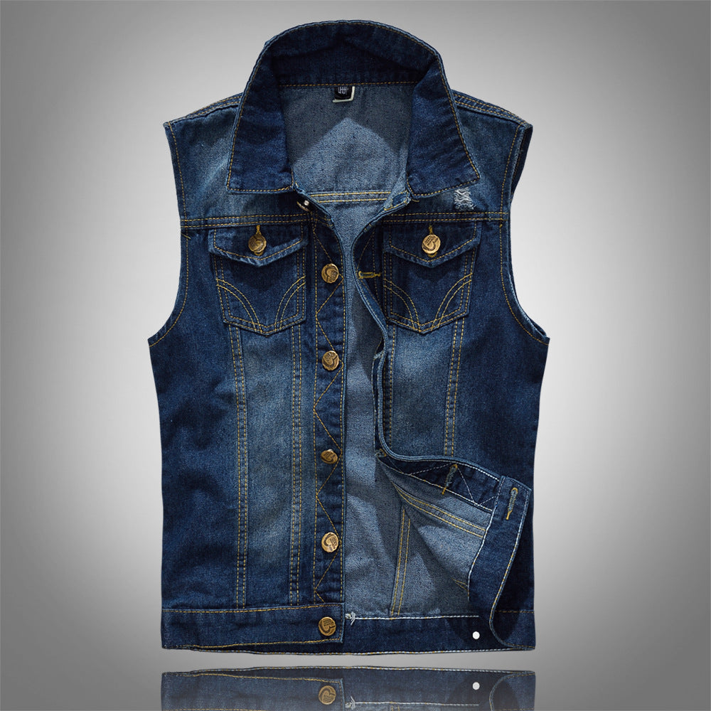 Personality men's denim vest male blue vest vest shoulder large size denim vest - cas7m