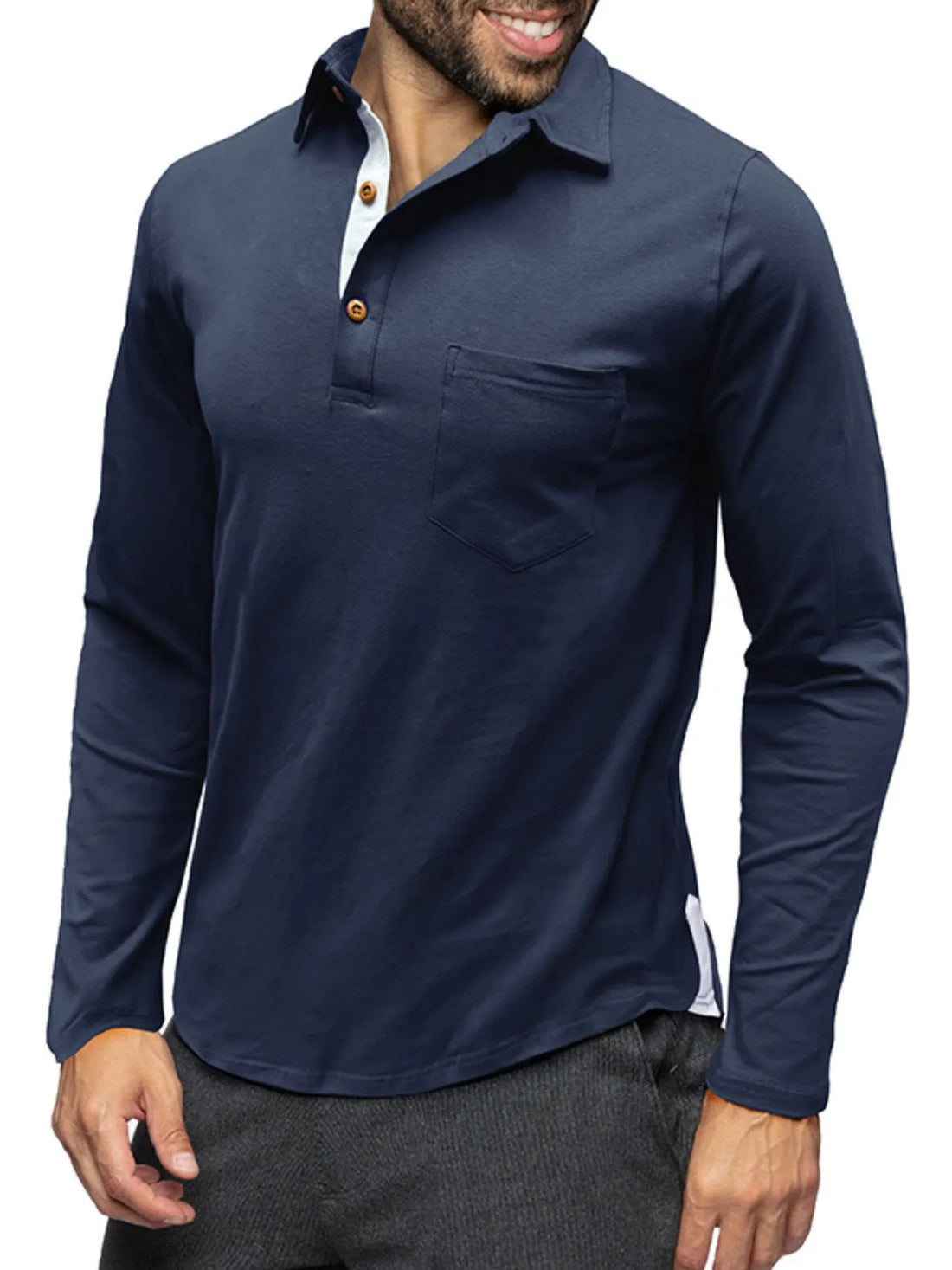 Men's Long Sleeve Polo Shirt with Chest Pocket - cas7m