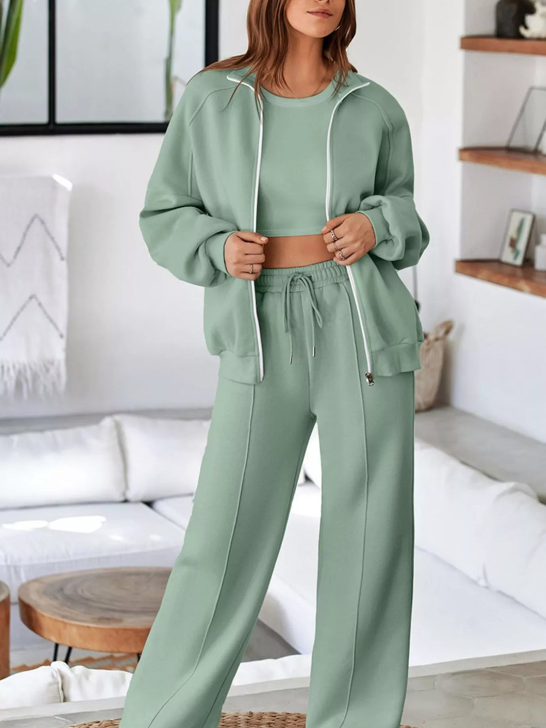 Drop Shoulder Zip Up Jacket and Drawstring Pants Active 2pcs Set - cas7m