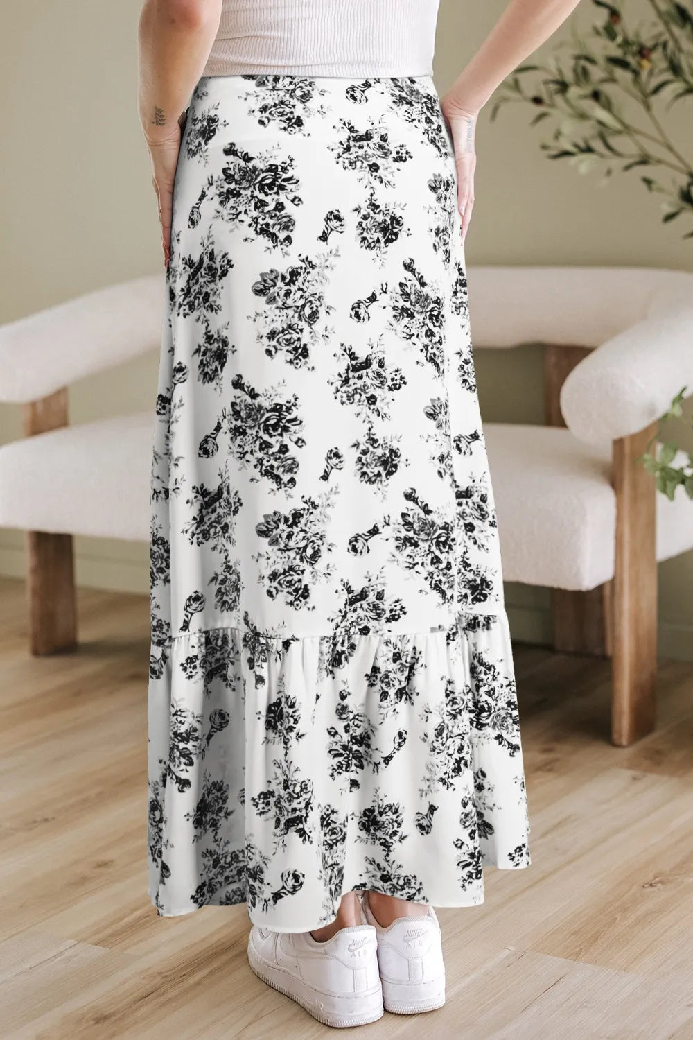 Boho Floral High Waist Ruffle Split Maxi Skirt - cas7m