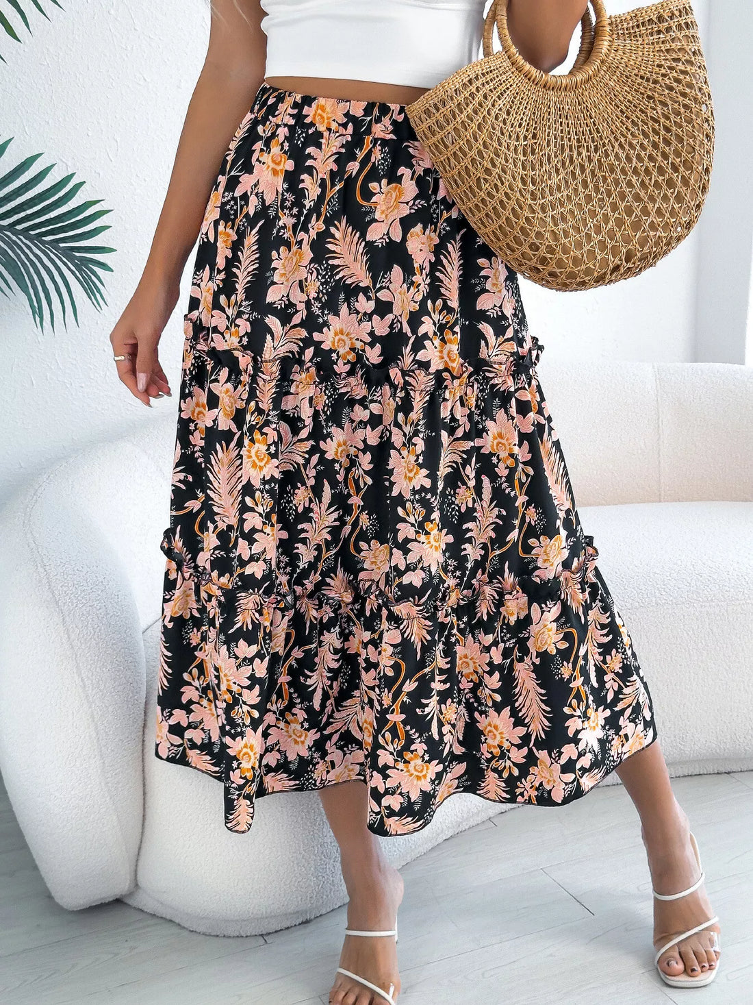 Floral Print Ruffle Hem Flowy Midi Skirt - cas7m
