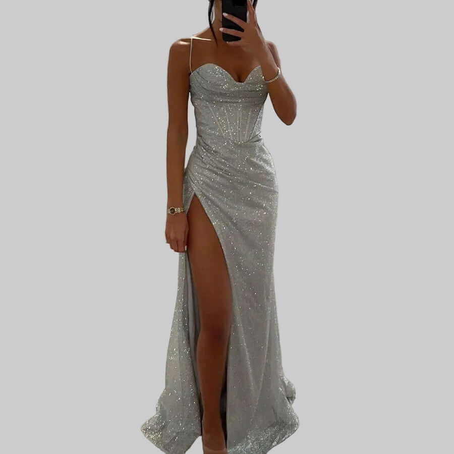 Sexy Split Suspender Dress Fashion Evening Party Slim V-neck Long Dresses Summer Clothing For Women - cas7m