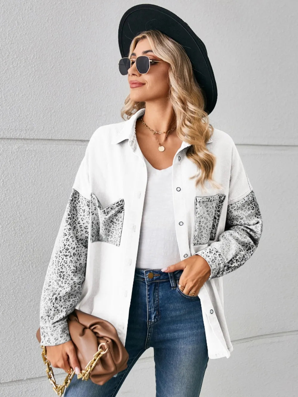 Leopard Button Up Denim Jacket - cas7m